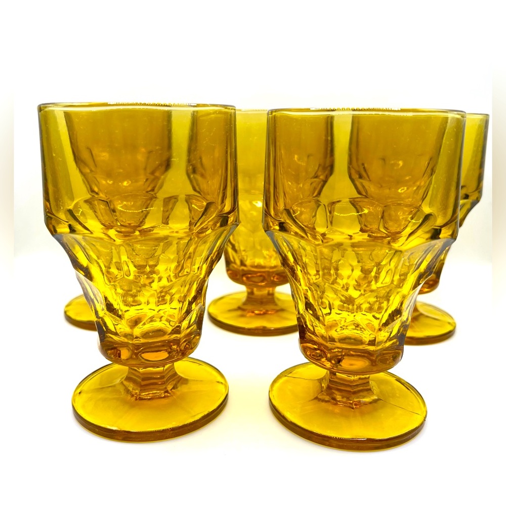 Set of 5 Vintage Anchor Hocking Amber Topaz Georgian Glass Cups 5.2 in Height